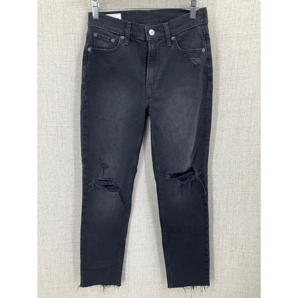Gap Cheeky Straight Jeans‎ Womens 25 Black Cotton Distressed High Rise Raw Hem